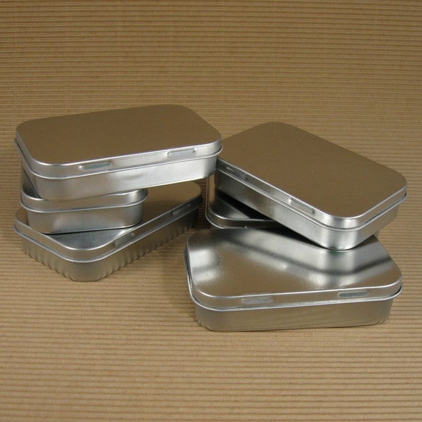 3 oz. Silver Metal Tin Hinged Boxes / set of 6 boxes / Altoid sized / great for gift wrapping and packaging