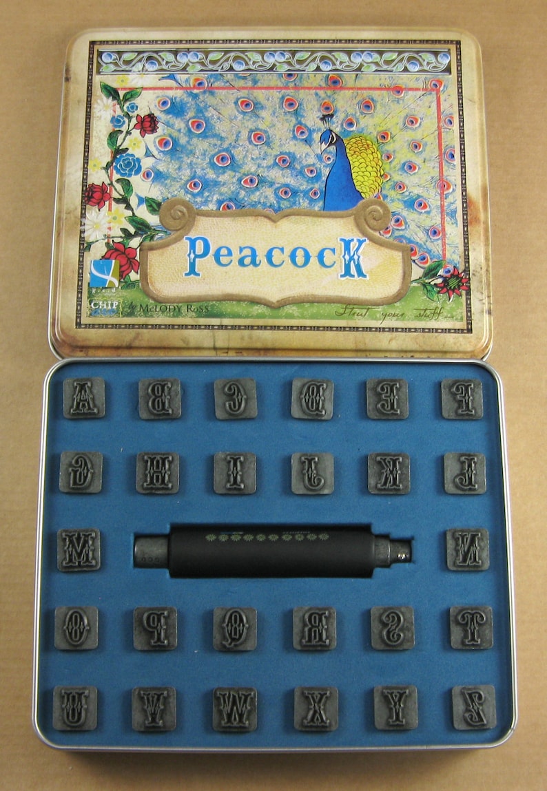 1/2 Peacock Uppercase Alphabet Stamps by Melody Ross / Set of 26 With Handle / Use On Chipboard & Leather image 5