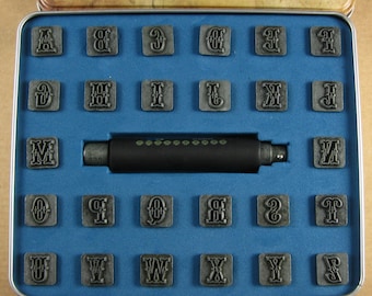 1/2" Peacock Uppercase Alphabet Stamps by Melody Ross / Set of 26 With Handle / Use On Chipboard & Leather