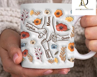 Personalized Holding Mom‘s Hand Mug, Mom Flower Mug, Mom Floral Mug, Mom Coffee Mug, Mothers Day Gift, Gift For Mom, Grandma, Ceramic Mug