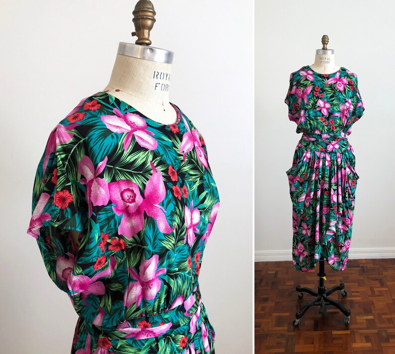 Beach Vtg 80s Tropical Hibiscus Dress Rockabilly Pinup 1980s M Vacation Dress Size 910 Dolman Medium Pockets Vintage Tiki