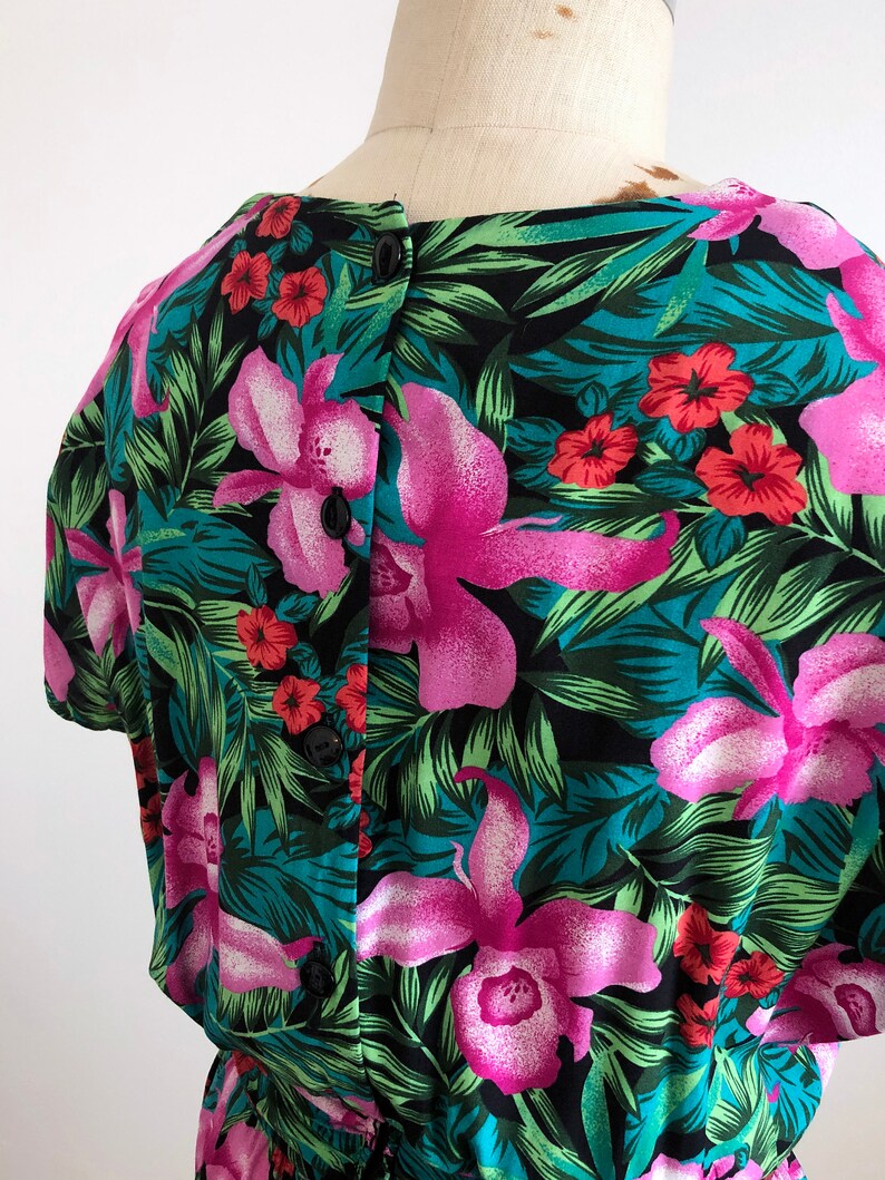 Beach Vtg 80s Tropical Hibiscus Dress Rockabilly Pinup 1980s M Vacation Dress Size 910 Dolman Medium Pockets Vintage Tiki