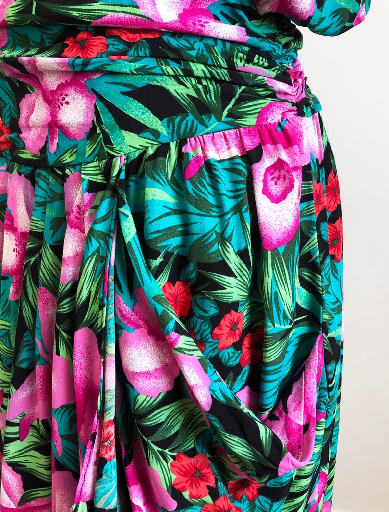 Beach Vtg 80s Tropical Hibiscus Dress Rockabilly Pinup 1980s M Vacation Dress Size 910 Dolman Medium Pockets Vintage Tiki