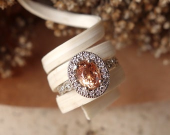 Oval Peach Sapphire and Diamond Halo, Scalloped Ring