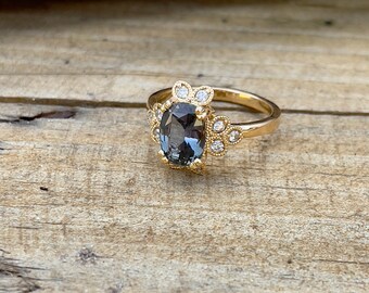 Iris - Greyish Blue-Green Sapphire and Diamond Ring