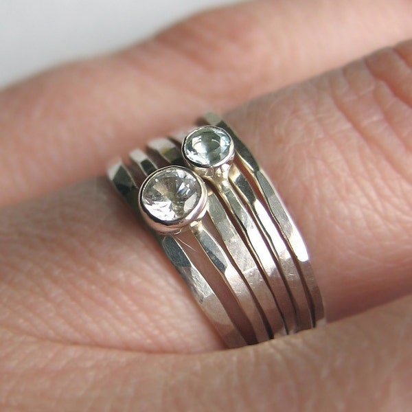 White Sapphire and Aquamarine Stacking Rings - Silver