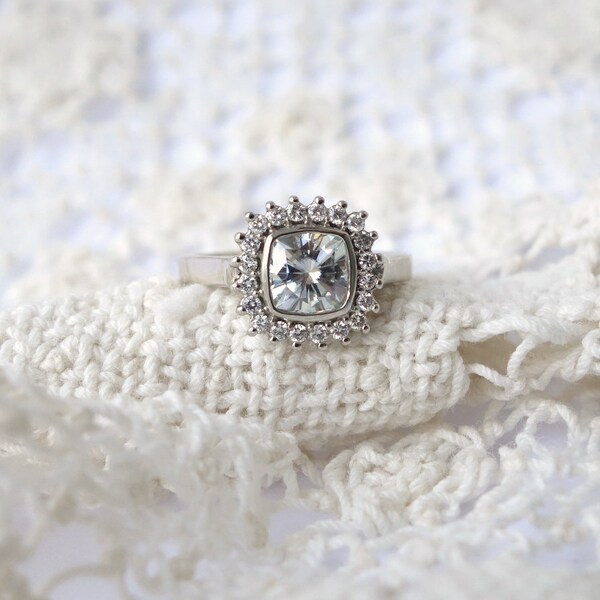 Antique Square Moissanite and Diamond Halo Ring