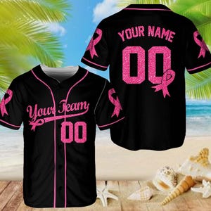 Benutzerdefinierte Pink Ribbon Baseball Jersey - Glitter Brustkrebs Bewusstsein Shirt, personalisierte Brustkrebs Baseball Jersey, Brustkrebs Geschenk