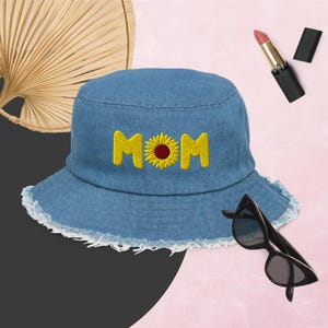 Embroidered Denim Bucket Hat – MOM Sunflower Hat Distressed Cotton Bucket Hat for Women & Men, Streetwear Hat, Summer Hat, Gift for Mom