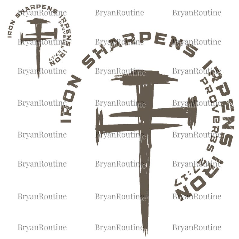 a repeating pattern of the phrase "IRON SHARPENS IRONS PROOVER" in a stylized font, with the word "IRON" appearing in various sizes and orientations. The phrase is written in a grunge-like font, giving it a textured, artistic appearance. The image is a collage of multiple images, and the phrase is repeated across all of them.