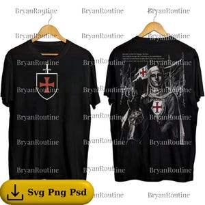 May include: Black t-shirts with a design featuring a shield and cross, and a knight on horseback. The front of the shirt displays a white shield with a red cross and sword. The back of the shirt shows a knight holding a flag with a red cross.