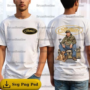 May include: White t-shirt featuring the "Mathews" logo on the front and a graphic on the back of a man with a dog and bow. The front logo is black and gold. The back graphic is in shades of brown, green, and blue.