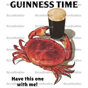 a red crab and a glass of dark beer, with the text "GUINNESS TIME" above them.