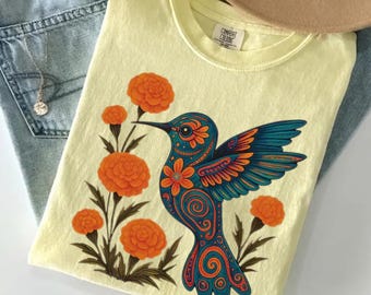 Folk Art Hummingbird PNG, Turquoise Orange Marigold Digital Download