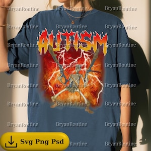 May include: Navy blue t-shirt with a graphic featuring the word "AUTISM" in a fiery font, a skeleton holding two weapons, and lightning bolts. The design has a vintage, distressed look.