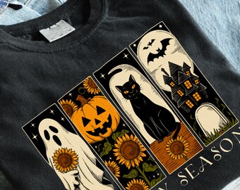 Spooky Season Ghost Pumpkin Black Cat Sunflower PNG, Halloween Digital Download