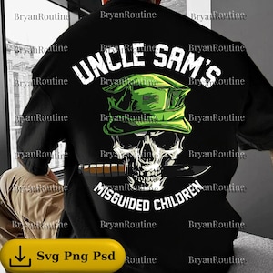 May include: Black long-sleeve shirt featuring a skull wearing a green hat and holding a knife. The text "UNCLE SAM'S MISGUIDED CHILDREN" is printed above and below the skull in white.