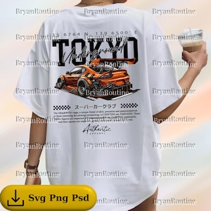 a person wearing a white t-shirt with a graphic design of a racing car and text related to a racing event.