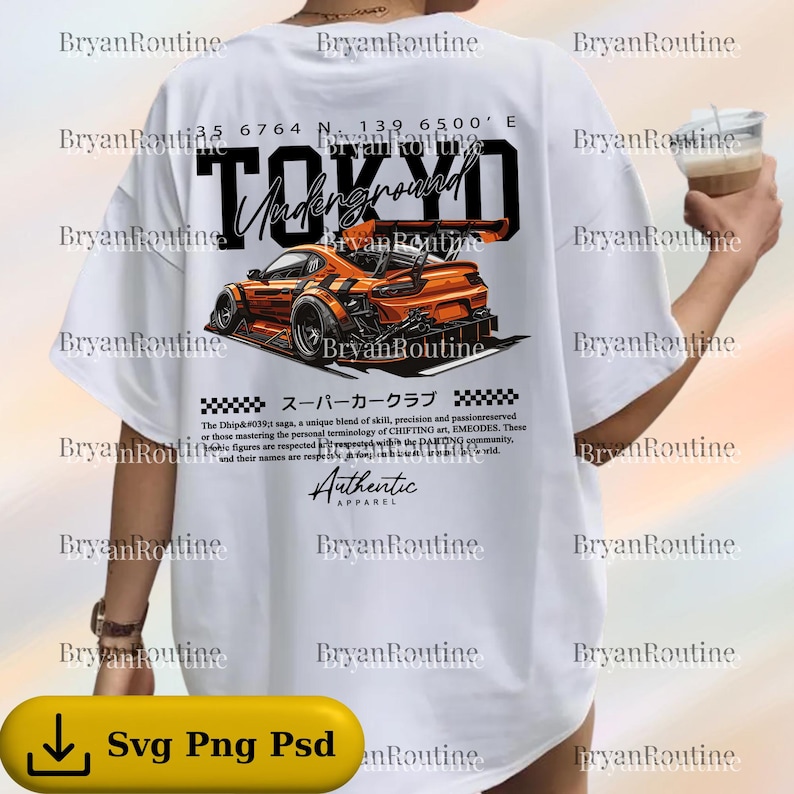 a person wearing a white t-shirt with a graphic design of a racing car and text related to a racing event.