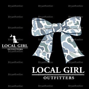 May include: A large, light blue and gray camouflage bow on a black background. The bow is the focal point, with the text "LOCAL GIRL OUTFITTERS" in white below it. The brand name "BryanRoutine" is repeated around the image.