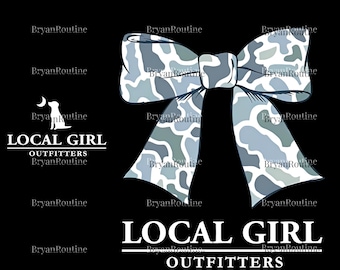 Local Girl Outfitters PNG, Oversized Camo Bow Shirt Design for Women, Coastal Cowgirl Aesthetic Sweatshirt Graphic, Digital Sublimation File