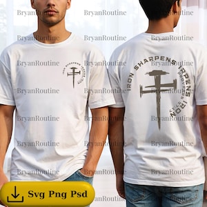 Peut inclure: T-shirts blancs à col rond, avec un motif de croix grise et le texte "Iron Sharpens Iron" à l'avant et à l'arrière. Le motif comprend le texte "Proverbes 27:17".