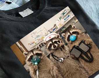 Raccoon Nurses PNG, Medical Humor Digital Download, Funny Cartoon Bandage Stethoscope Tea Party PNG