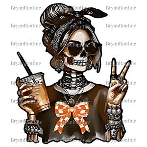 Könnte beinhalten: Digitale Illustration einer schädelgesichtigen Figur mit Sonnenbrille, Bandana und dunklem Oberteil. Die Figur hält eine Kaffeetasse und zeigt das Friedenszeichen. Eine große orange-weiß karierte Schleife befindet sich auf dem Hemd. Der Text "BryanRoutine" ist vorhanden.