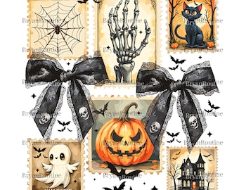 May include: A collage of Halloween-themed postage stamps and black bows. Stamps feature a spiderweb, skeleton hand, black cat, jack-o'-lantern, ghost, and haunted house. Black bats and the word "HALLOWEEN" are also present.