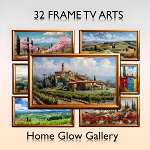 May include: A collage of 32 framed landscape paintings, featuring scenes of rolling hills, vineyards, and a small village. The title "Home Glow Gallery" is displayed at the bottom of the image.