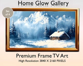 Puede incluir: Pintura enmarcada de un paisaje invernal con una cabaña cubierta de nieve, árboles de hoja perenne y una cordillera. La obra de arte está en un marco dorado e incluye el texto "Home Glow Gallery" y "Premium Frame TV Art".