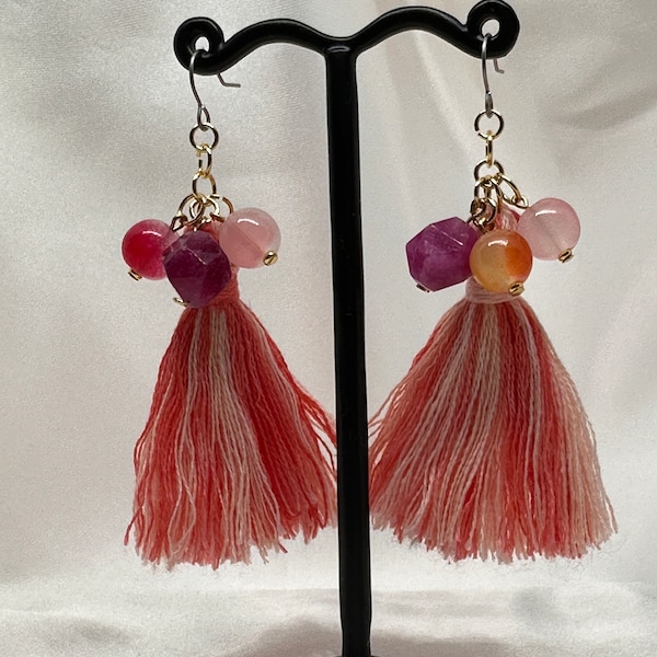 Fluffy tassel and pink tourmaline earrings