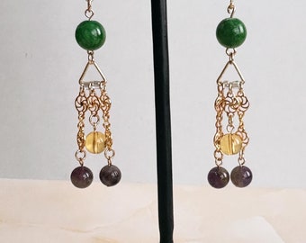 Natural stone and diamond chain earrings