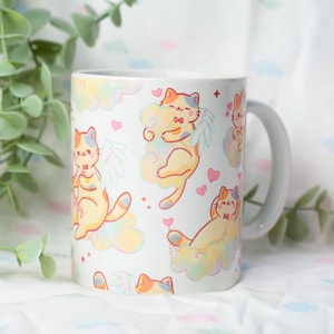 Valentine's Bob Cat Handprinted Mug ~ Kawaii Mugs ~Cute Ceramics ~ Adorable ceramics ~ Cute Ceramic Mugs ~ Cute Cat Whimsical Mug