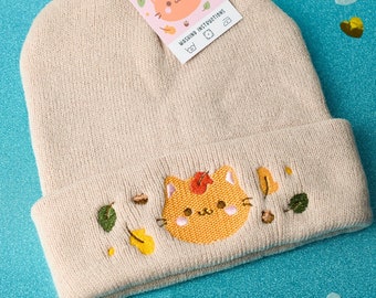 Kawaii beanie hat Pumpkin the Cat, cute winter beanie, fall cat beanie, embroidered soft beanie, cat beanie