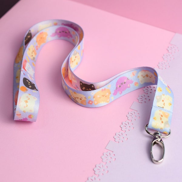 Kawaii Happy Cats Lanyard avec fermoir à homard argenté | Lanière mignonne | Porte-clés mignon