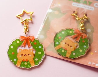 Kawaii Keychain Holiday Cat • Cute Cat Keychain • Gold Acrylic Keyring