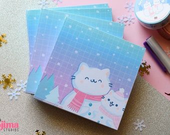 Bloc-notes Kawaii Winter Cats • mémo détachable • bloc-notes en papier, mémo mignon • notes de bloc de Noël papeterie kawaii