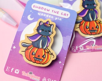 Kawaii Wooden Pin Shadow the Cat • Cute Pins Badge • Animal Pins • Bag Pins • Cat Pins • Halloween Pins