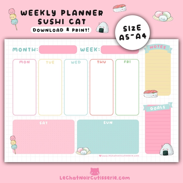 Kawaii cat Weekly Planner Printable inserts, inserts daily organization Printables with kawaii cat, instant download