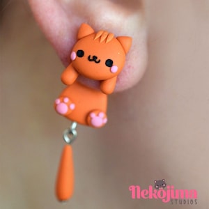 Kawaii Earrings Cat Stud, red cute cat jewelry gift, kitten stud for cat lover, polymer clay handmade