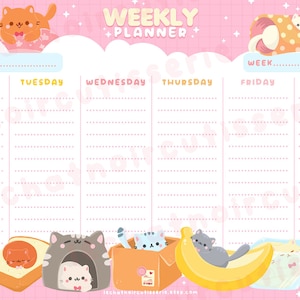 Kawaii Cozy Cat Weekly Planner Printable inserts, inserts daily organization Printables with kawaii cat, instant download