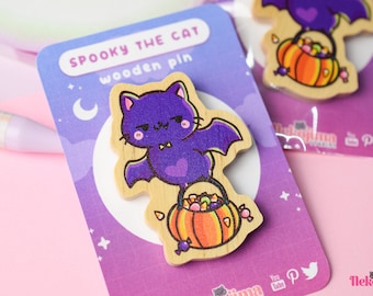 Kawaii Holz Pin Spooky the Cat • Niedliche Pins Abzeichen • Tier Pins • Taschen Pins • Katzen Pins • Halloween Pins