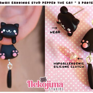 Kawaii Earrings Cat Stud, black cute cat jewelry gift, kitten stud for cat lover, polymer clay handmade