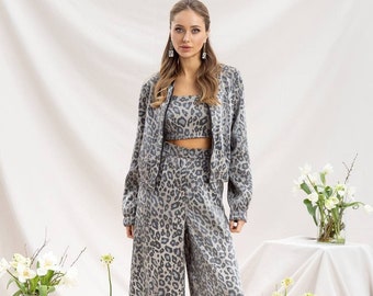 Leopard Print Suit Women, Leoprint Outfit, Animal Print Women's Trouser Suits, Women Suit Set, Leopard Print Fashion Suit, Wide Leg Pants