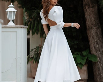 White Midi Wedding Dress with Puff Sleeves and Flared Skirt Elegant Tea Length Civil Ceremony Dress for Modern Bridal Look