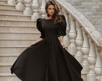 Black Midi Dress, Puff Sleeve Formal Dress, Elegant Tea Length Outfit for Evenings, Receptions, and Special Occasions