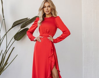 Red Silk Maxi Dress, Silk Dress With Slit, Dress With Front Slit, Silk Dinner Dress, Maxi Silk Dress, Silk Formal Dress, Silk Cocktail Dress