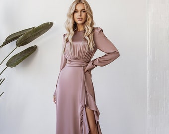 Mocha Silk Dress, Silk Dress With Slit, Dress With Front Slit, Silk Dinner Dress, Maxi Silk Dress, SFormal Dress, Silk Cocktail Dress Active