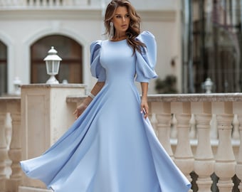 Blauwe Midi-jurk, jurk met pofmouwen, pofschouderjurk, flowy jurk met pofmouwen, dinerjurk, cocktailjurk, blauwe formele jurken voor dames